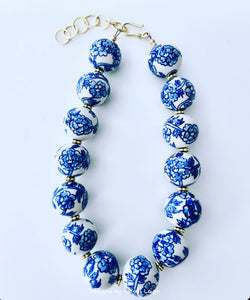 Blue & White Chinoiserie Peony Statement Necklace - Chinoiserie jewelry