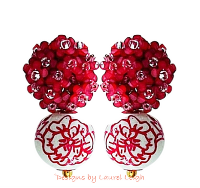 Chinoiserie Red Hydrangea Blossom Peony Earrings