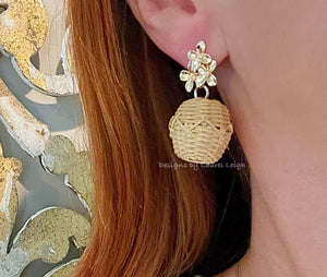 Gold Hydrangea Rattan Drop Earrings - Chinoiserie jewelry