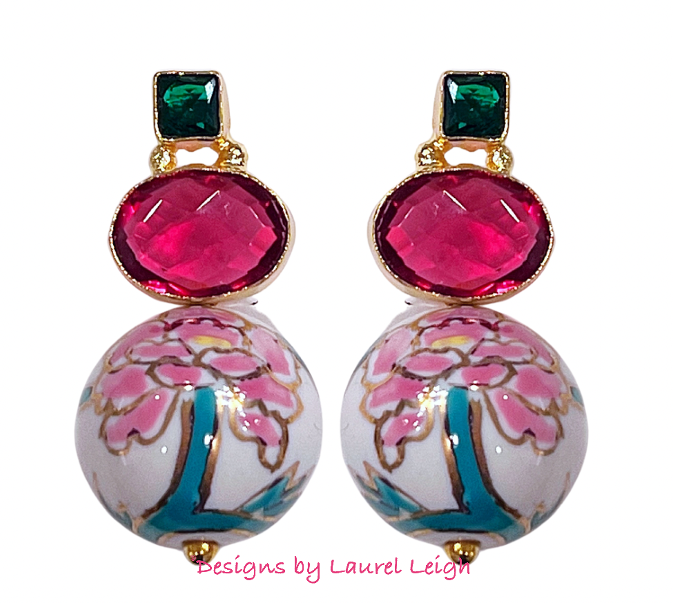 Pink & Green Peony Gemstone Earrings