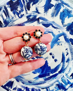 Blue Gemstone Pearl Chinoiserie Drop Earrings - Chinoiserie jewelry