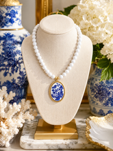 Load image into Gallery viewer, White Blue Willow Cameo Pendant Necklace