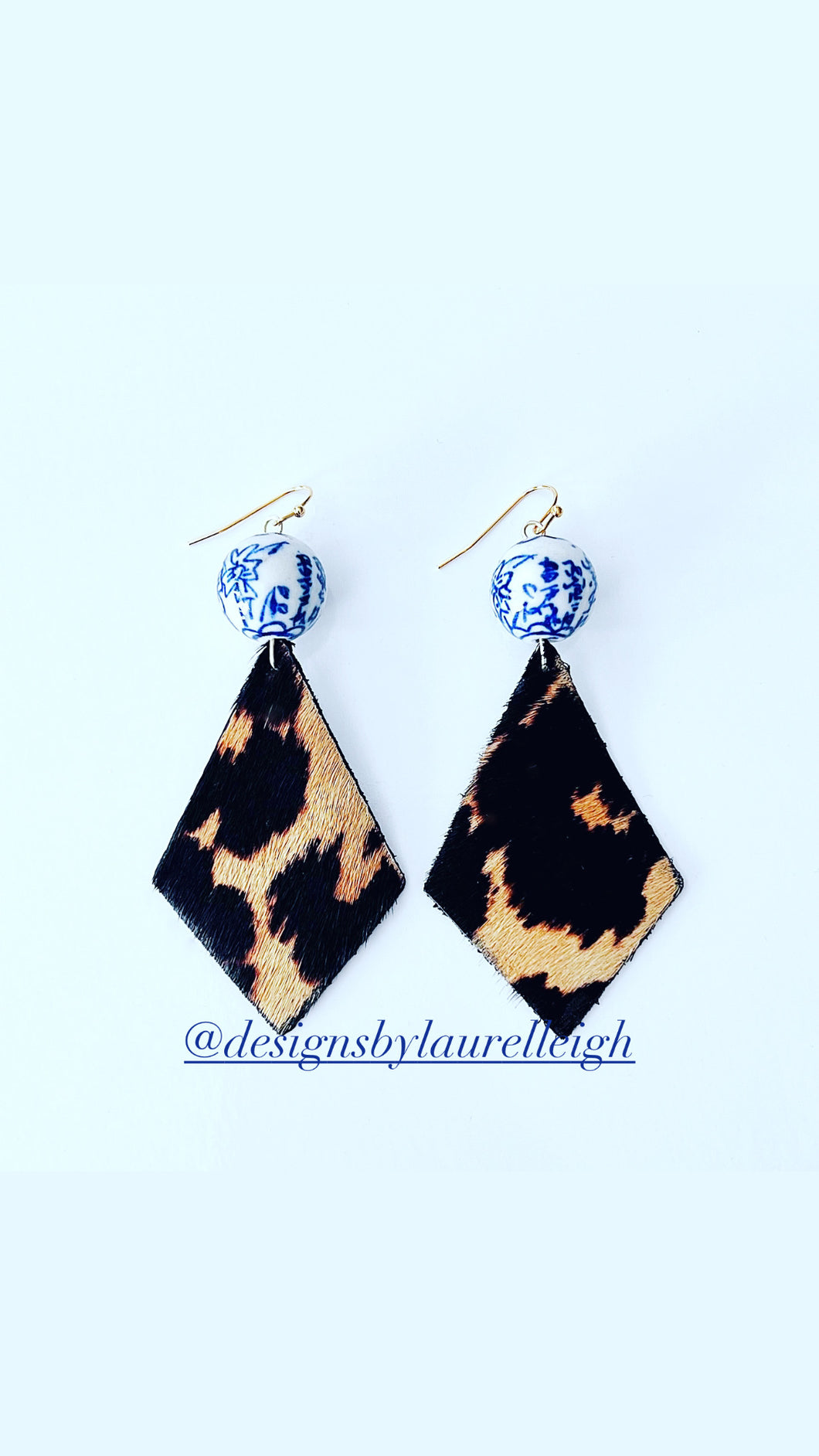 Diamond Shaped Chinoiserie Leather Leopard Print Earrings - Chinoiserie jewelry