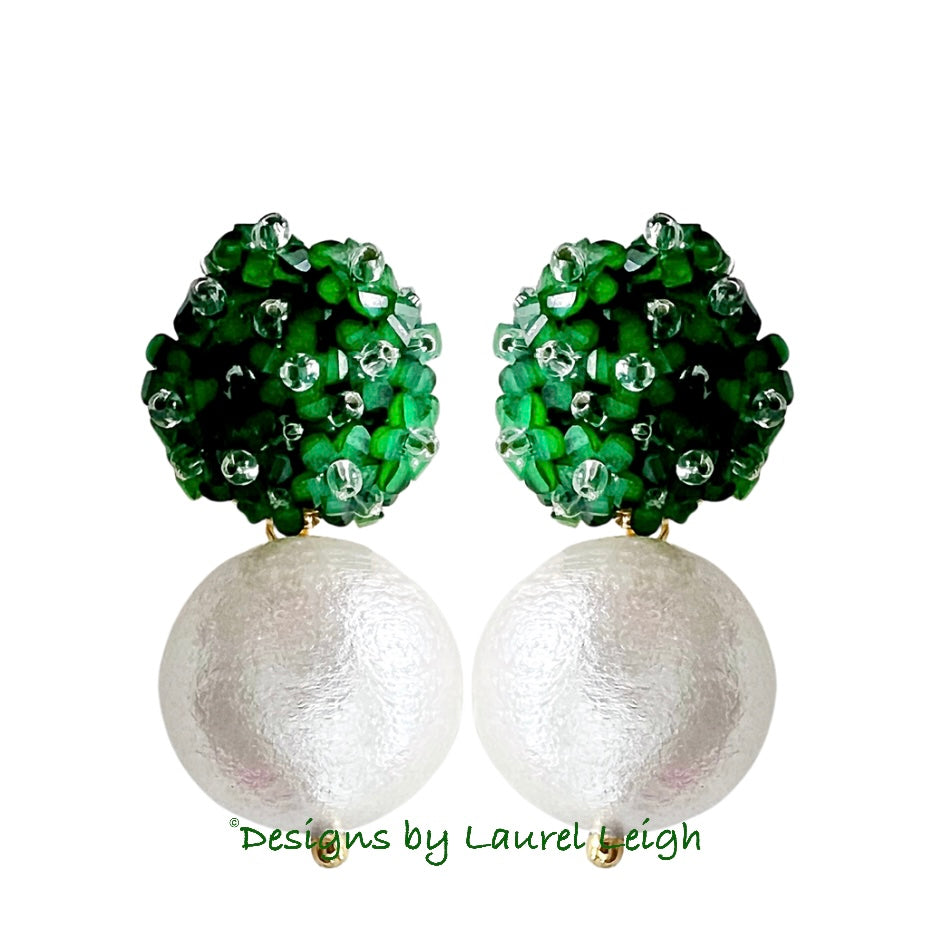 Green Hydrangea Blossom Pearl Drop Earrings