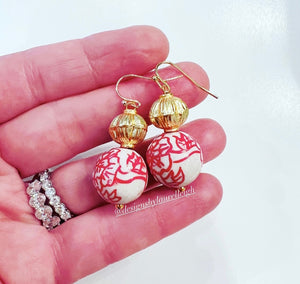 Chinoiserie Red Peony Gold Drop Earrings - Chinoiserie jewelry