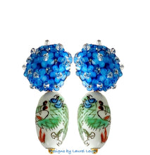 Load image into Gallery viewer, A pair of Chinoiserie earrings with blue hydrangeas and green dragons