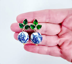 Green Gemstone Chinoiserie Earrings - Chinoiserie jewelry