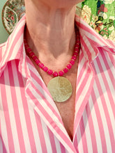 Load image into Gallery viewer, Hot Pink Gemstone Gold Pendant Necklace - Chinoiserie jewelry