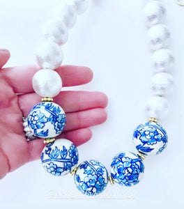 Chinoiserie Peony Pearl Statement Necklace - Chinoiserie jewelry