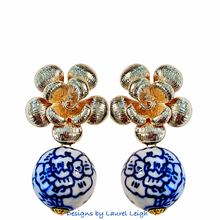 Load image into Gallery viewer, Chinoiserie Peony Gold Floral Earrings - Chinoiserie jewelry