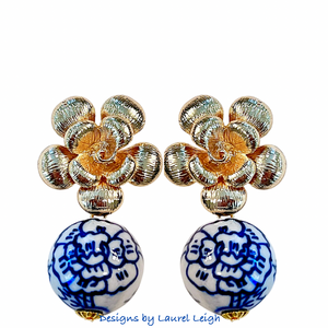 Chinoiserie Peony Gold Floral Earrings - Chinoiserie jewelry