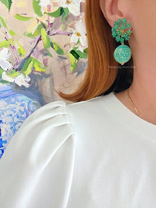 Green Hydrangea Raffia Drop Earrings - Chinoiserie jewelry