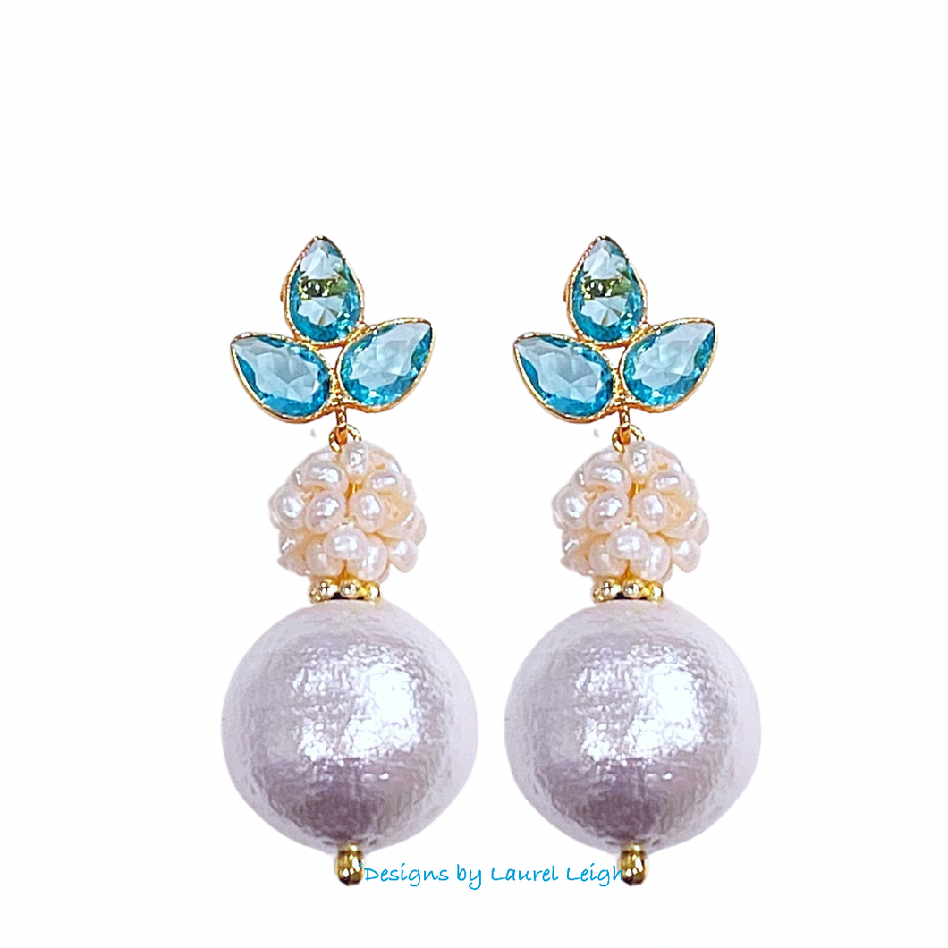 Light Blue Gemstone Pearl Cluster Earrings - Chinoiserie jewelry
