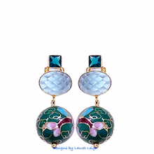 Load image into Gallery viewer, Green &amp; Blue Cloisonné Gemstone Earrings - Chinoiserie jewelry