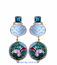 Load image into Gallery viewer, Green &amp; Blue Cloisonné Gemstone Earrings - Chinoiserie jewelry