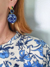 Load image into Gallery viewer, Green &amp; Blue Gemstone Chinoiserie Coin Earrings - Chinoiserie jewelry