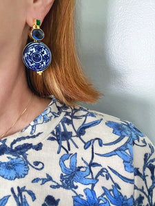 Green & Blue Gemstone Chinoiserie Coin Earrings - Chinoiserie jewelry