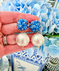 Blue Hydrangea Blossom Pearl Drop Earrings