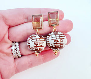 Brown Quartz Chinoiserie Double Happiness Earrings - Chinoiserie jewelry