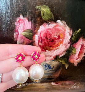 Pink Gemstone Pearl Drop Earrings - Chinoiserie jewelry