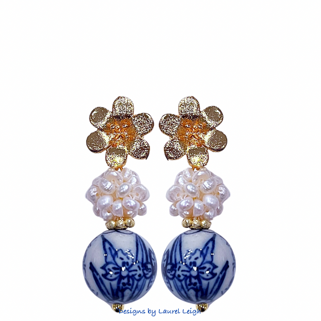 Chinoiserie Floral Pearl Cluster Earrings - Chinoiserie jewelry
