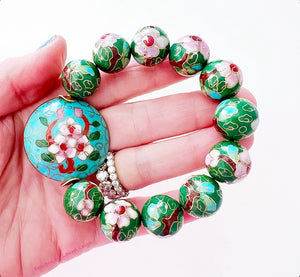 Green Floral Chinoiserie Cloisonné Bracelet - Chinoiserie jewelry