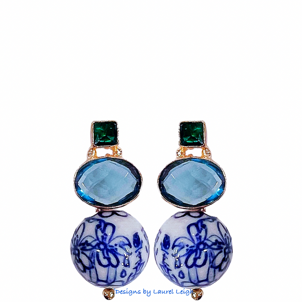 Light Blue & Green Gemstone Chinoiserie Earrings - Chinoiserie jewelry