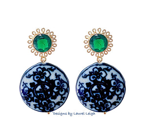 Green Gemstone Chinoiserie Coin Earrings - Chinoiserie jewelry