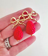Load image into Gallery viewer, Red &amp; Gold Bow Cinnabar Teardrop Earrings - Chinoiserie jewelry
