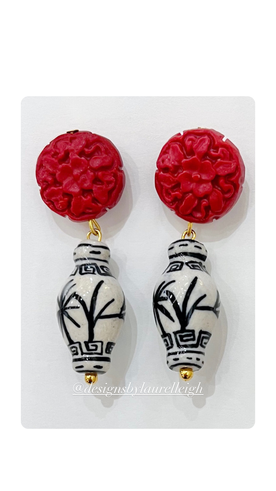 Black White & Red Chinoiserie Cinnabar Earrings - Chinoiserie jewelry