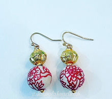 Load image into Gallery viewer, Chinoiserie Red Peony Gold Drop Earrings - Chinoiserie jewelry