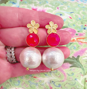 Hot Pink Gemstone Pearl Earrings - Chinoiserie jewelry