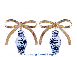A pair of ginger jar earrings with gold bows