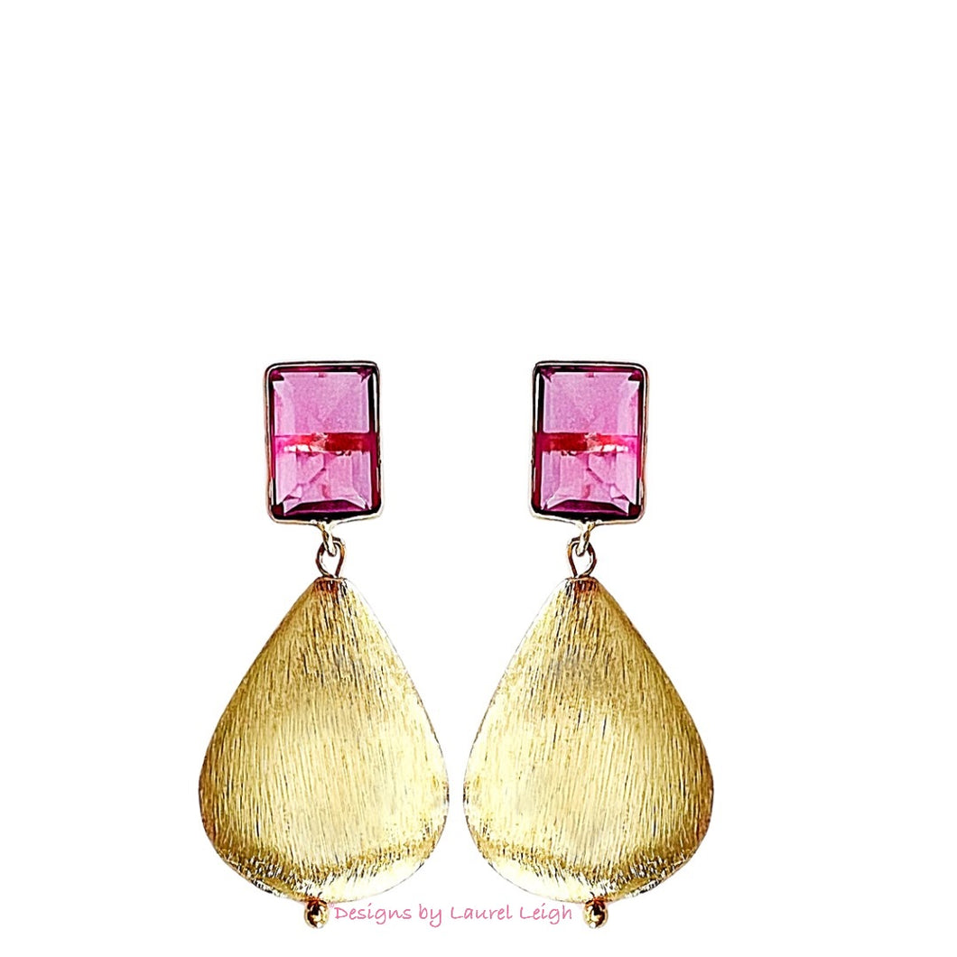 Pink Gemstone Large Gold Teardrop Earrings - Chinoiserie jewelry