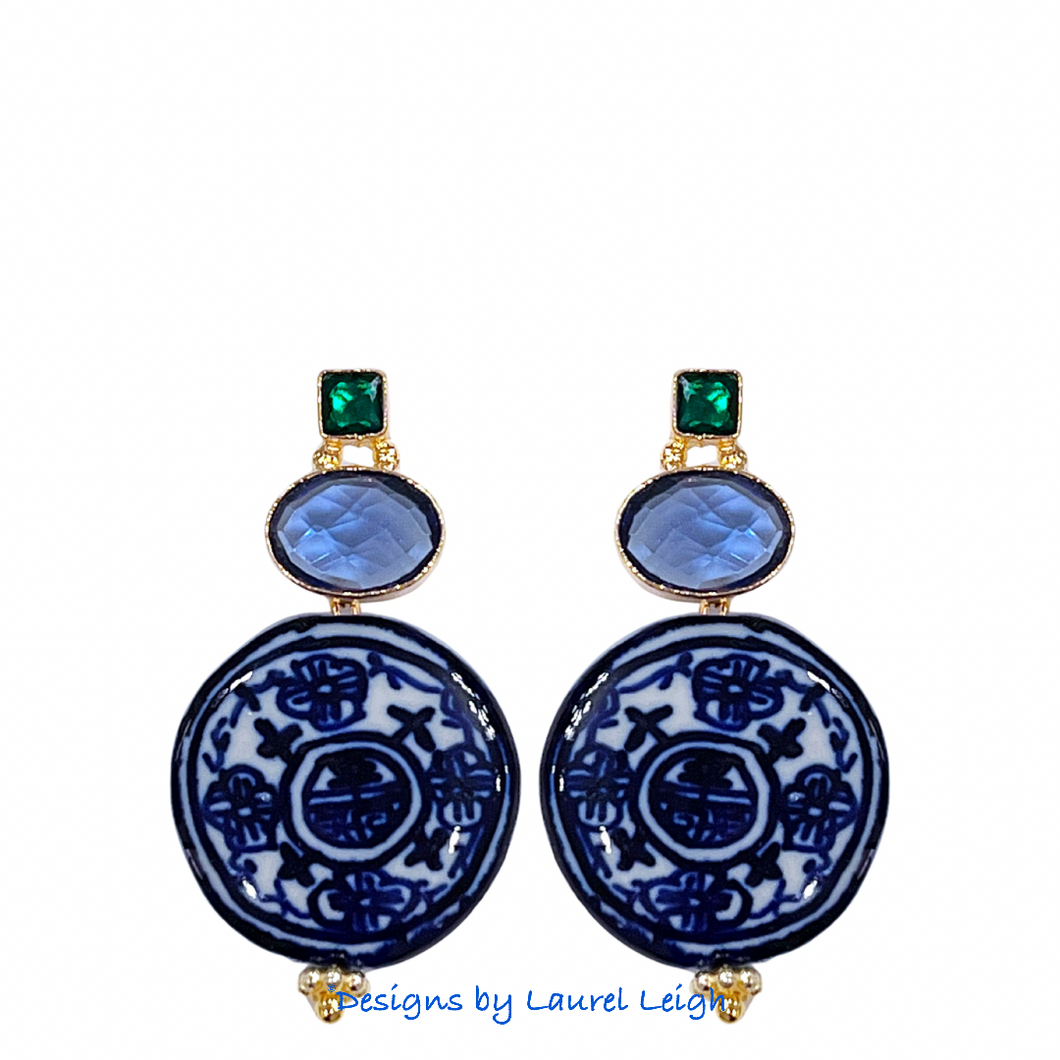 Green & Blue Gemstone Chinoiserie Coin Earrings - Chinoiserie jewelry