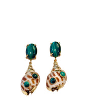Load image into Gallery viewer, Green Malachite Gemstone Seashell Earrings