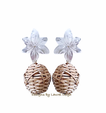Floral Rattan Drop Earrings- Tan/White - Chinoiserie jewelry