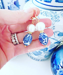 Chinoiserie Pearl Drop Earrings - Gold/Silver - Chinoiserie jewelry