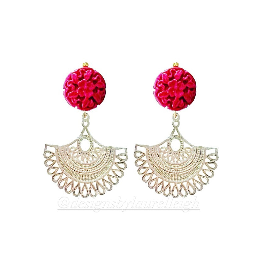 Red Cinnabar Gold Fan Earrings - Chinoiserie jewelry
