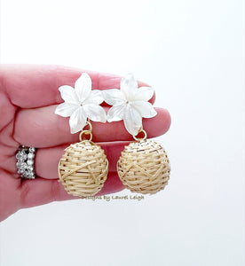 Floral Rattan Drop Earrings- Tan/White - Chinoiserie jewelry