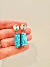 Load image into Gallery viewer, Pearl &amp; Turquoise Bezel Carved Drop Earrings