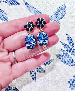 Dark Blue Gemstone Chinoiserie Drop Earrings - Chinoiserie jewelry