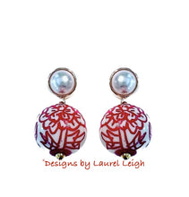 Load image into Gallery viewer, Red Chinoiserie Peony Pearl Earrings - Chinoiserie jewelry