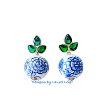 Load image into Gallery viewer, Green Quartz &amp; Chinoiserie Peony Earrings - Chinoiserie jewelry