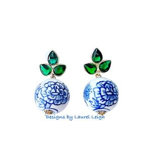 Green Quartz & Chinoiserie Peony Earrings - Chinoiserie jewelry