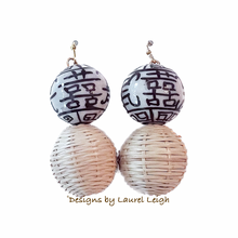 Load image into Gallery viewer, Brown Rattan Chinoiserie Double Happiness Earrings - Chinoiserie jewelry