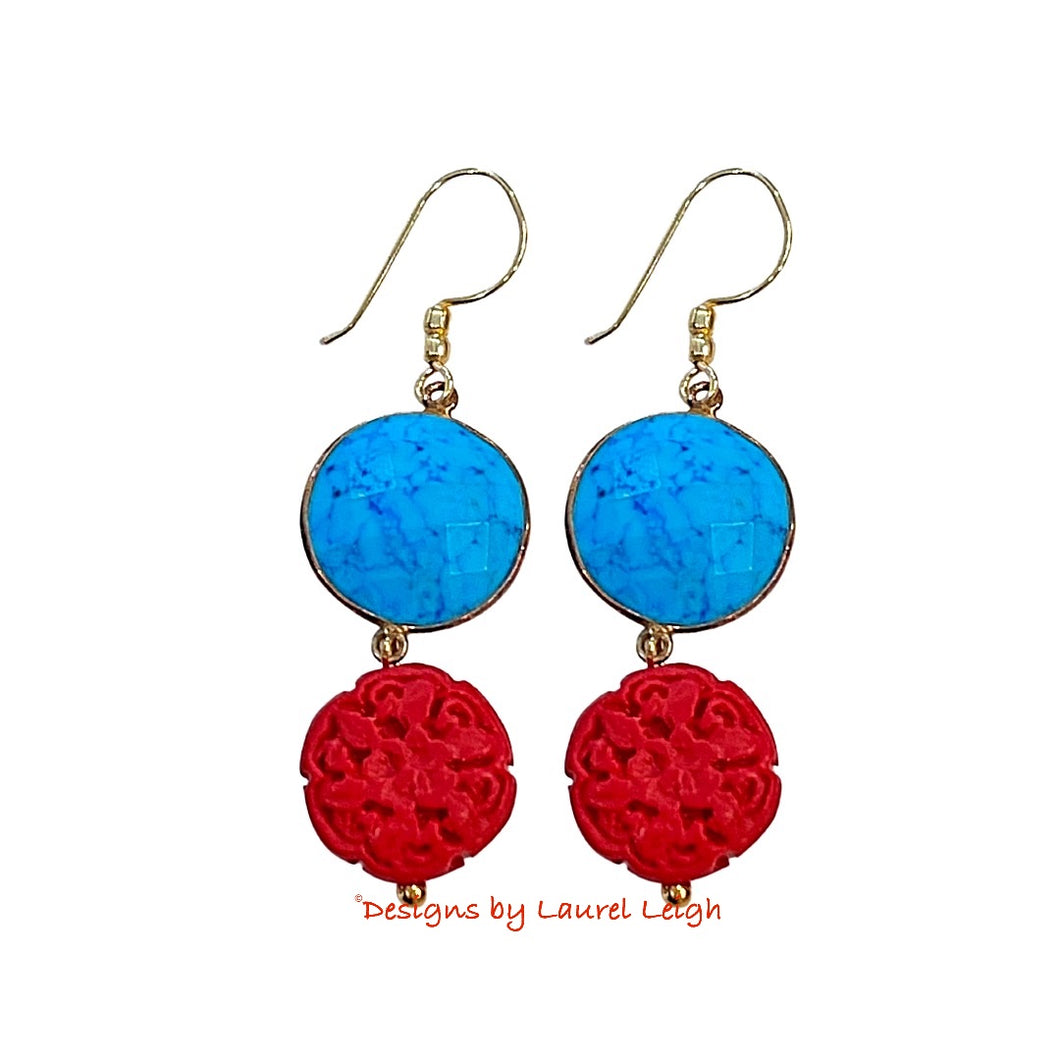Red Cinnabar & Turquoise Gemstone Drop Earrings - Chinoiserie jewelry