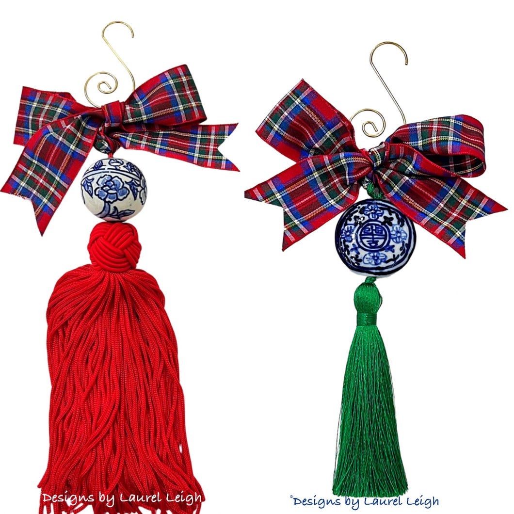 Chinoiserie Tartan Tassel Christmas Ornament - Chinoiserie jewelry