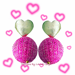 Hot Pink Raffia Heart Drop Earrings - Chinoiserie jewelry