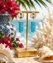 Load image into Gallery viewer, Pearl &amp; Turquoise Bezel Carved Drop Earrings